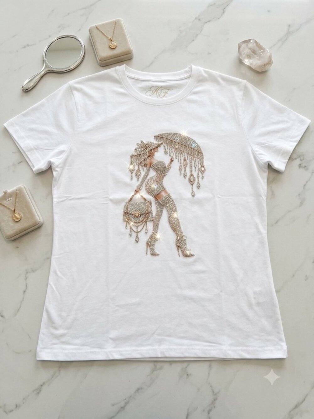 Crystal Glamour Graphic Tee – Pure White